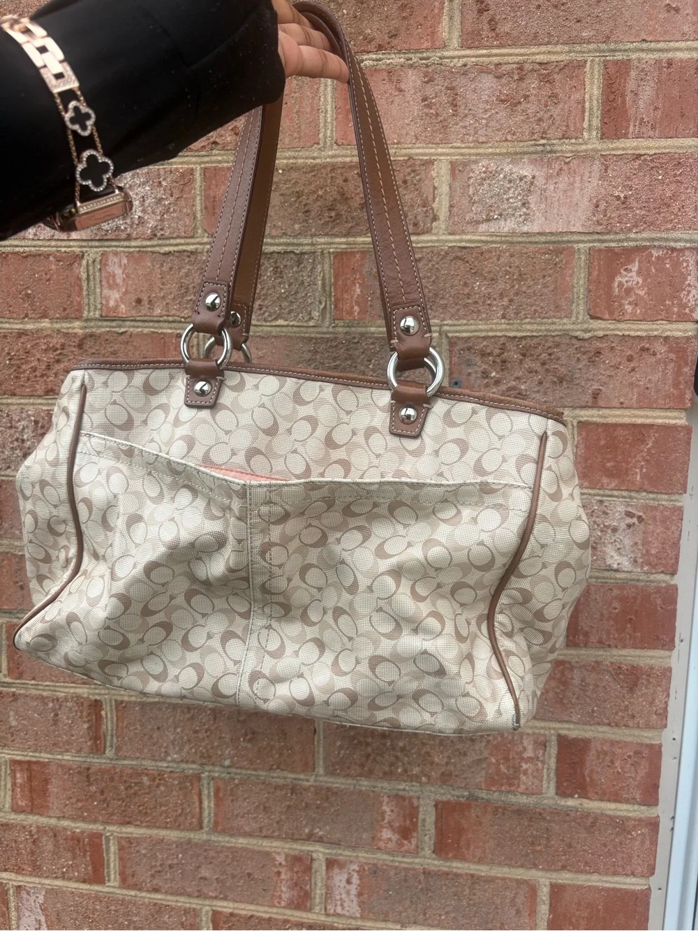 Coach Beige Signature Canvas Shoulder Bag with Brown Trim